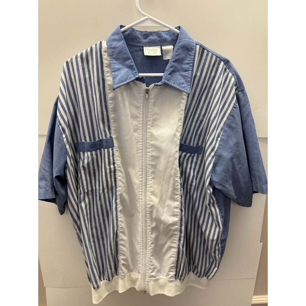 Vintage Tropi-Cool Mens Full Zip Short Sleeve Cabana Leisure Shirt Blue Stripe L